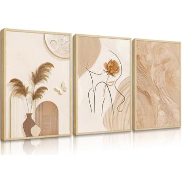 Imagem de 3 peças de arte de parede abstrata neutra marrom e creme Boho decoração de parede abstrata moderna bege minimalista texturada impressões em tela mulher silhueta pintura imagens para sala de estar