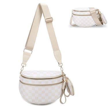 Imagem de Bolsa transversal quadriculada para mulheres, espaçosa bolsa xadrez de nylon com carteira removível, alça ajustável, pochete de grande capacidade, Xadrez bege, One Size, Xadrez