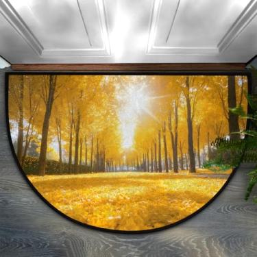 Imagem de Tapete de porta meio redondo, floresta dourada, antiderrapante, absorvente, semicírculo, tapetes laváveis, para ambientes internos e externos, pátio, cozinha, banheiro, entrada, lareira, decoração de