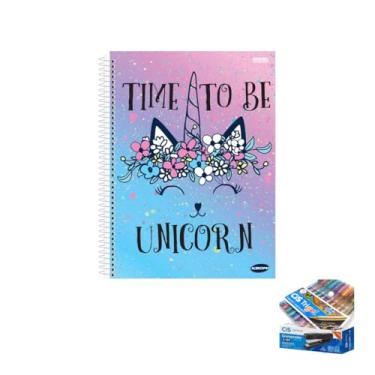 Imagem de Kit Caderno Feminino KBOM 1 Matéria Capa Dura 96 Folhas + Caneta Trigel Metálica 10 Cores + Grampeador Metallic C-15