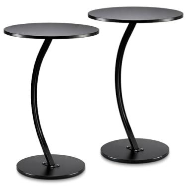 Imagem de Geelin 2 peças de mesa de bebida em forma de C, mesa de canto lateral redonda para sofá, pedestal pequeno, mesas de martini de madeira com moldura de metal para sofá, sala de estar, quarto, área de