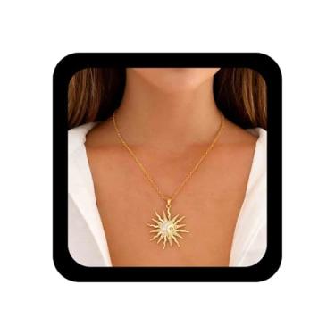 Imagem de Iaceble Colar Boho com pingente de sol e lua, dourado, sol, strass, colar, luas, sóis, cristal, colares, vintage, zircônia cúbica, sol, corrente para mulheres, Zinco, Sem Pedra Preciosa