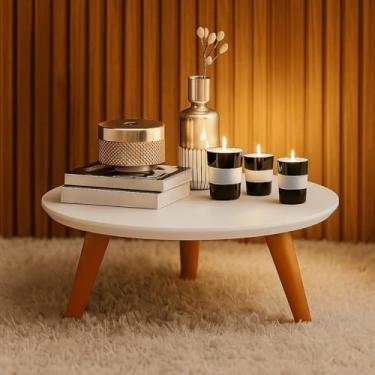 Imagem de Mesa de centro redonda em PVC estilo retrô com pés em formato de fuso, ideal para decoração de salas de estar modernas(Branco/Caramelo)
