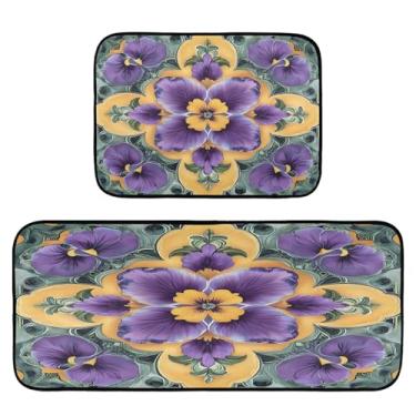 Imagem de Qilmy Tapetes de cozinha com flores roxas amarelas 2 peças, tapete de entrada frontal, antiderrapante, alivia a fadiga, lavável, tapete para cozinha, quarto, varanda648