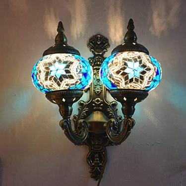 Imagem de Luminária de parede turca de mosaico com 2 braços, arandela marroquina, luminária de parede boêmia de vidro para cabeceira, ideal para sala de estar, quarto, corredor, varanda, café ou bar.