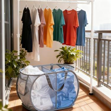 Imagem de Cesto de roupa suja dobrável com 2 compartimentos, cesta grande de malha dobrável de 75 L para lavanderia, fácil de transportar e separar para dormitório, casa, quarto de crianças, viagens