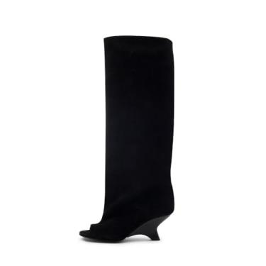 Imagem de MAIJED Botas femininas de camurça folgadas na altura do joelho com salto plataforma Peep Toe Botas longas de salto alto de inverno, Camurça preta, 41