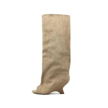 Imagem de MAIJED Botas femininas de camurça folgadas na altura do joelho com salto plataforma Peep Toe Botas longas de salto alto de inverno, Camurça bege, 41