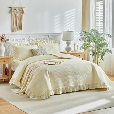 Imagem de Flysheep Conjunto de colcha de cama solteiro com babados amarelos, 2 peças de colcha listrada de fazenda chique, lisa, leve e macia (1 colcha com babados + 1 fronha)