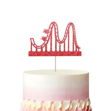 Imagem de Topo de bolo de montanha-russa, decoração de bolo com tema de circo, topo de bolo de parque de diversões com glitter vermelho para crianças, decoração de festa de aniversário com tema de carnaval