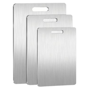 Imagem de Neyora Tábua de corte de aço inoxidável com 3 peças - conjunto de tábuas de corte sem rebarbas e lavável na lava-louças - Tábuas de corte sem odor para cozinha (P + M + G)
