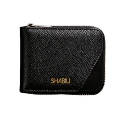 Imagem de Carteira masculina de couro curta com zíper, organizador preto essencial com zíper (preto)