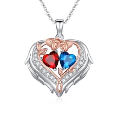 Imagem de WYDDO Colar de coração com asas de anjo para mulheres, pedra do mês de nascimento duplo, pingente de flor de rosa, presente ideal para aniversário, Natal, presente para esposa, mãe, namorada, filha