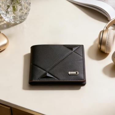 Imagem de Carteira masculina ultrafina de couro liso marrom escuro curto com listras magnéticas, design moderno curto com fecho magnético, padrão listrado, couro liso, ultrafina