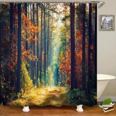 Imagem de Cortina de chuveiro 3D natureza, floresta, árvores, paisagem, banheiro, decoração de casa, tecido impermeável, cortina de chuveiro com gancho 180 x 205 cm/L x A gotas de banho