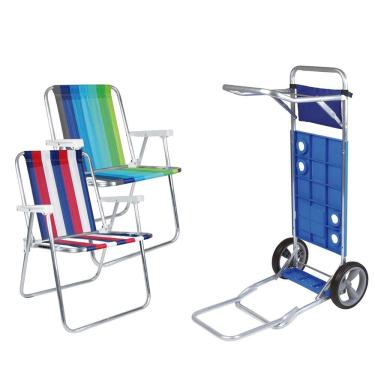 Imagem de Kit Praia 2 Cadeira Alta Alumínio Listrada Carrinho Com Avanço Para Caixa Térmica - Mor