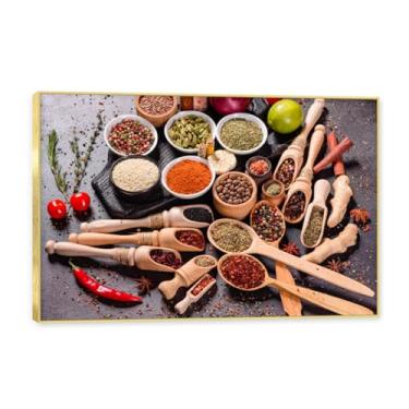 Imagem de Moldura dourada. Arte de parede em tela de especiarias coloridas e colher de tempero | Decoração de cozinha vintage | Arte moderna para casa e sala de jantar. C74. 50 x 75 cm - 19,7 x 29,6 pol