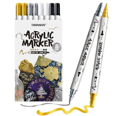 Imagem de TRANSON Conjunto de 2 marcadores de tinta dourados, 2 prateados, 2 pretos e 2 brancos, ousados e finos de ponta dupla, para pintura em rocha, vidro, tela, madeira, couro, cerâmica, pintura