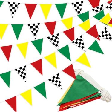 Imagem de Whaline Faixa suspensa de carro de corrida bandeira triângulo xadrez vermelho verde amarelo guirlanda de tecido para aniversário chá de bebê decoração de festa suprimentos