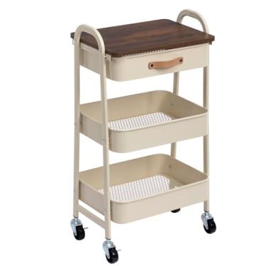 Imagem de AGTEK Carrinho de rodinhas com gaveta, organizador utilitário de metal móvel de 3 camadas com placa de madeira, carrinho de carrinho móvel para casa e escritório, bege