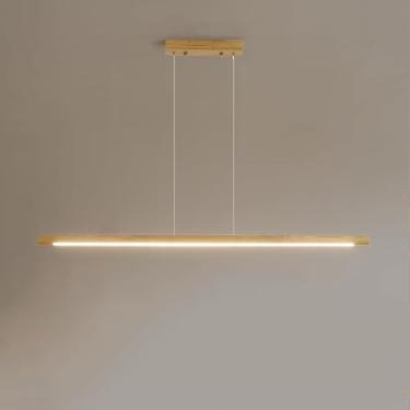 Imagem de Luminária pendente linear de madeira, moderna, com LED, para sala de jantar, com intensidade regulável e controle remoto. Lustre de madeira com altura ajustável, ideal para cozinha, sala de