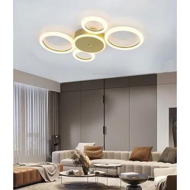 Imagem de Luminária de teto LED moderna para interiores, com intensidade regulável, ideal para sala de estar, quarto, sala de jantar e escritório (Dourada, 5 anéis).