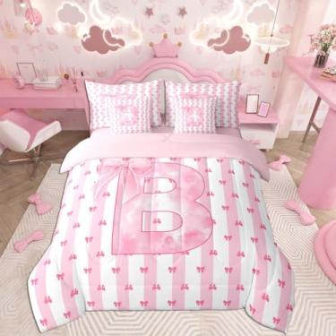Imagem de Feelyou Conjunto de edredom com laço rosa, tamanho solteiro, 7 peças, com inicial B, para crianças, meninas, princesa em uma bolsa com edredom, lençóis, alfabeto kawaii, laço fofo, linhas acolchoadas
