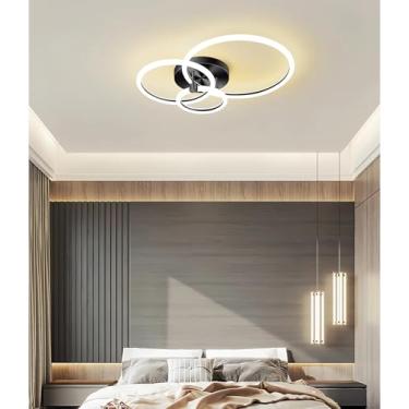 Imagem de Luminária de teto LED 49W de alto brilho para sala de estar, preta, moderna, dimerizável com controle remoto, ideal para quarto (preta, 3 anéis).
