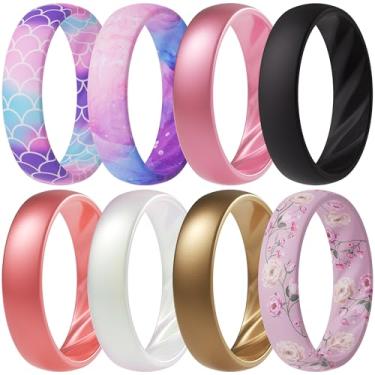 Imagem de ThunderFit Alianças de casamento de silicone para mulheres, anéis de compromisso com ranhuras onduladas elegantes, 6 mm de largura, 2 mm de espessura, respirável, anéis de noivado femininos de