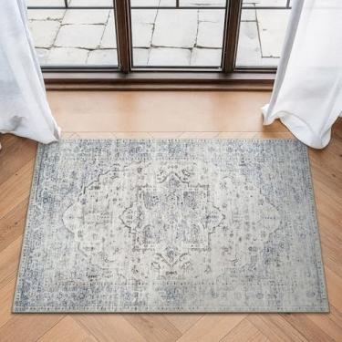 Imagem de Bloom Rugs Tapete lavável antiderrapante 2x3 - Marfim/azul/cinza Tapete oriental tradicional para sala de estar, quarto, sala de jantar e cozinha - Tamanho exato: 5 cm x 7 cm