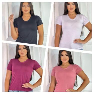 Imagem de Kit 4 Blusas Femininas Gola V Manga Curta - GK Toda Bela, Preto, Branc