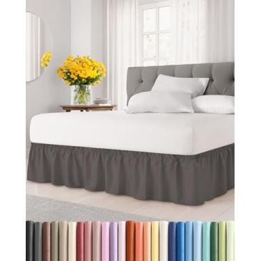 Imagem de Saia para cama com babados e poeira - cinza escuro - para camas de casal com queda de 40,6 cm - Alça elástica de ajuste fácil - Saia de cama plissada ajustável com tecido escovado, sem rugas, mulheres