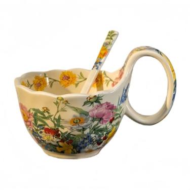 Imagem de Wixann Tigela de sopa de 500 ml segura para micro-ondas, tigela de cereais de cerâmica pintada à mão com alça de laço para sopa, iogurte, lanche, batata frita, ensopado, sorvete (peônia)