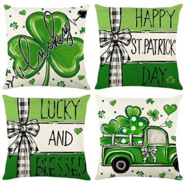 Imagem de OTOSTAR Conjunto de 4 capas de almofada para o dia de São Patrício 50 x 50 cm verde carro e trevo irlandês da sorte fronha decorativa para sofá casa interior exterior decoração de férias - Verde 03
