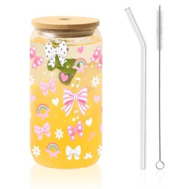 Imagem de AUOIAJAS Copos de vidro com tampas e canudos, caneca de copo de café gelado arco-íris laço presente para mulheres Dia dos Namorados, aniversário, casamento, dia das mães, Natal