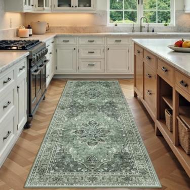 Imagem de RELEANY Tapetes de área 9,5 x 1,8 m lavável, antiderrapante, floral, vintage, estampa de angústia, tapete medalhão para sala de estar, quarto, sala de jantar, verde escuro cinza