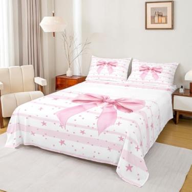 Imagem de Castle Fairy Jogo de lençol com laço rosa, estrelas, bolinhas, feminino, estilo princesa, para decoração de quarto de adolescentes, rosa, 3 poliéster macio (lençol de cima e elástico solteiro com 1