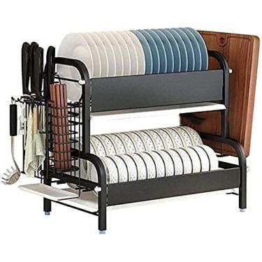 Imagem de Rack de pratos escorredor de pratos à prova de ferrugem suprimentos de cozinha prateleira de organização de armazenamento aço inoxidável e dreno removível suporte de placa de panela (cor: preto