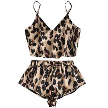 Imagem de 3FLQOOPP Pijama feminino com cintas-ligas sexy para mulheres, pijama de seda, lingerie de cetim sexy, conjunto de shorts de renda (marrom grande)