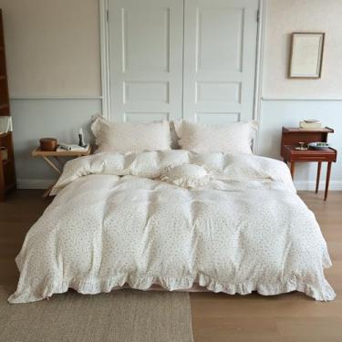 Imagem de BuLuTu Capa de edredom floral rosa King com babados, conjunto de cama de musselina de algodão de 2 camadas macio e respirável, capa de edredom de princesa chique gasto com 2 fronhas