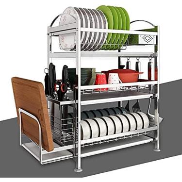 Imagem de U5GAAALPPQ9 Escorredor de pratos escorredor de pratos 3 camadas escorredor de pratos de cozinha multiuso armazenamento cromado suporte de prato de montagem DIY (cor: prata, tamanho: B) (prata A)