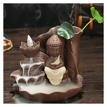 Imagem de Queimador de incenso de areia roxa artesanato lótus buda refluxo incenso incenso incenso titular buda incensário cerâmica chá animal de estimação com 20 peças cones incensário cascata queimador (cor