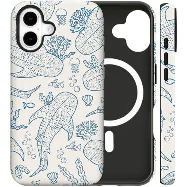 Imagem de flewfun Capa magnética para iPhone 16 fofa coral recife baleia tubarão oceano mar capa de telefone de verão à prova de choque fina TPU e PC rígido compatível com MagSafe projetada para mulheres