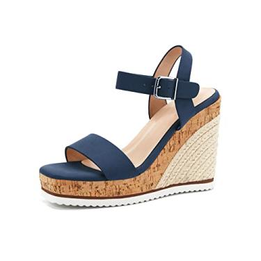 Imagem de Sandálias femininas com plataforma tipo alpargata, bico aberto, tira no tornozelo, fivela no tornozelo, sapatos casuais de verão, Azul, 36