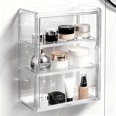 Imagem de EAROND Vitrine de acrílico transparente de 3 camadas para medicamentos, colecionáveis, figuras, armário montado na parede com porta magnética, caixa de armazenamento empilhável à prova de poeira