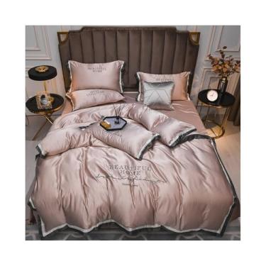 Imagem de Conjunto de cama King Queen de cetim luxuoso de cor pura, 4 peças, capa de edredom de rayon sedoso macio com zíper (Bernie Jade, tamanho king 4 peças)
