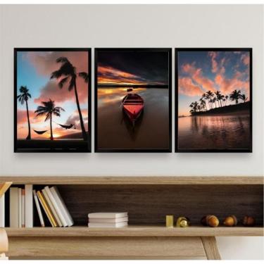 Imagem de Kit 3 Quadros Sala Praia 45x34cm - Vidro e Moldura Branca