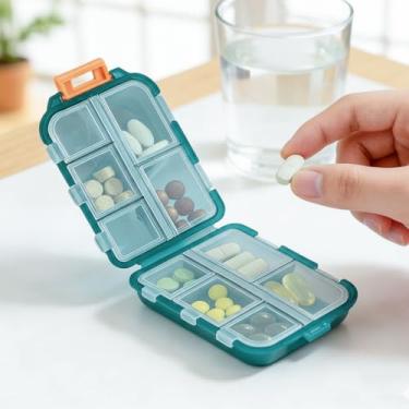 Imagem de Caixa organizadora de comprimidos de camada dupla portátil, estojo compacto de plástico com vários compartimentos para uso diário e em viagens, azul