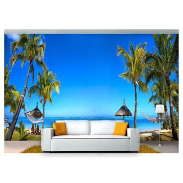 Imagem de Papel De Parede Praia Mar Coqueiros Redes 3D Npr202