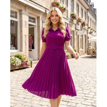 Imagem de Vestido Midi Rodado Godê Evangélico Plissado Modelador Modesto com Cin